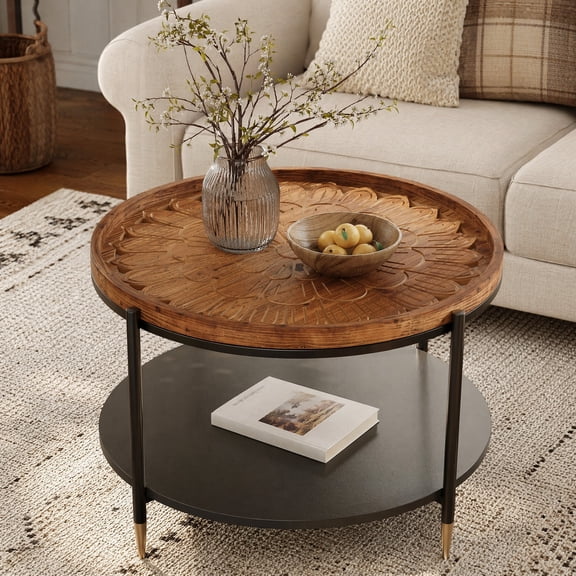 Fnova 31.5" Solid Wood Coffee Table, 2-Tier Boho Round Center Table with Metal Storage Base & Floral Carved Tabletop for Living Room, Brown