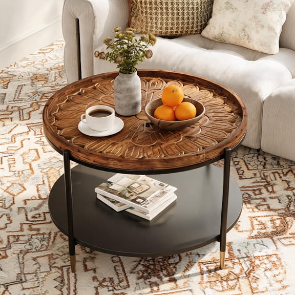 Fnova 31.5" Solid Wood Coffee Table, 2-Tier Boho Round Center Table with Metal Storage Base & Floral Carved Tabletop for Living Room, Brown