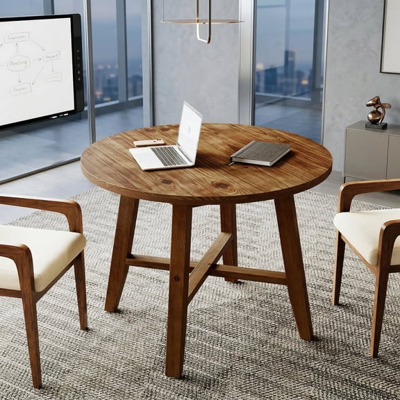Fnova 31.5" Solid Wood Conference Table for 2-4, Small Round Office Table for Small Spaces, Meeting Room, Offices Brown