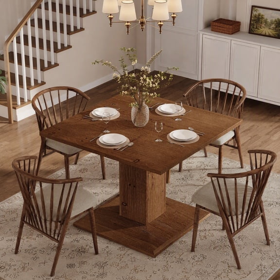 Fnova 31.5" Solid Wood Square Dining Table, Farmhouse Kitchen Table with Sturdy Pedestal Base for Dining Room, Living Room, Kitchen, Brown
