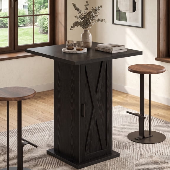 Fnova 31.50" Bar‑Height Pub Table, Farmhouse Barn‑Door Storage Cabinet, Square Counter Table for Home Bar, Kitchen, Small Dining and Office Workstation