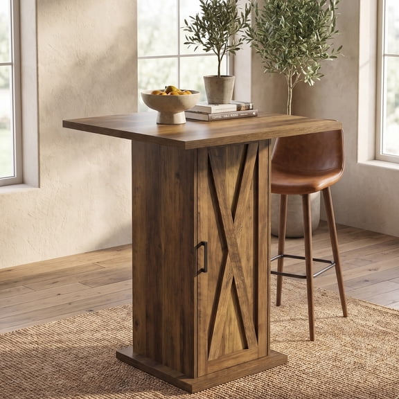 Fnova 31.50" Bar‑Height Pub Table, Farmhouse Barn‑Door Storage Cabinet, Square Counter Table for Home Bar, Kitchen, Small Dining and Office Workstation