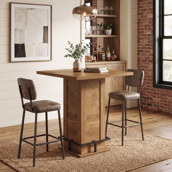 Fnova 31 Inch Square Bar Height Table with Metal Footrest, Industrial Bar Table for Home Bar Bistro Cafe Small Space