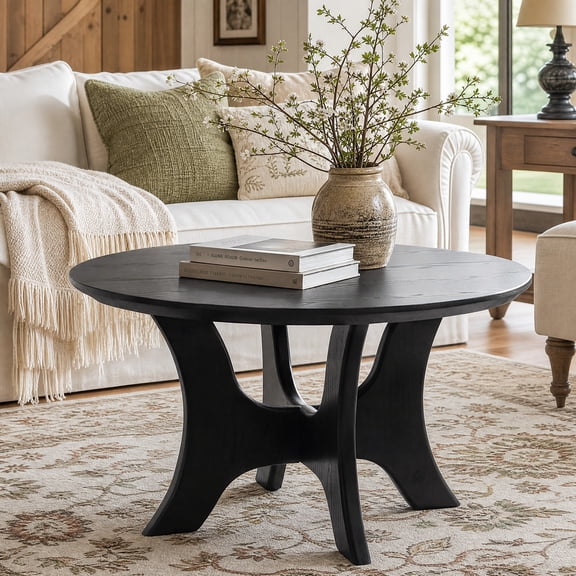 Fnova 31" Modern Round Coffee Table, Decorative Cross Base Wood Center Table for Living Room, Bedroom, Black