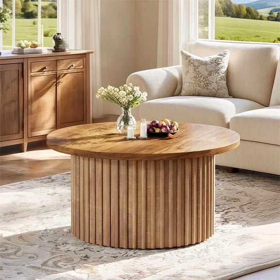 Fnova 31" Round Coffee Table, Farmhouse Circle Coffee Table with Metal Base, Modern Wood Accent Center Table Sofa Side Table for Living Room, Home Office