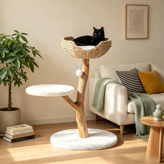 Fnova 35.04" H Cat Tree with Solid Wood Branch, Woven Cat Bed & Sisal Scratching Post, Multi-Level Cat Tower with Soft Perch, Indoor Cat Activity Furniture