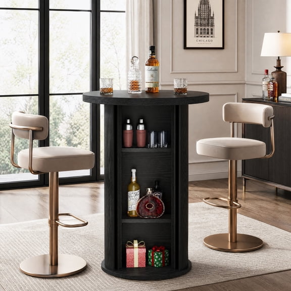 Fnova 35.4" Farmhouse Round Bar Table, High Top Cocktail Table with 3-Tier Hidden Storage & Slide Door, Black