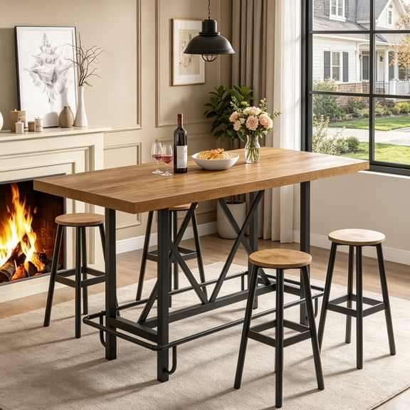 Fnova 35.4" Tall Dining Table, Rectangular Counter Height Kitchen Table with Metal Footrest for 6 People