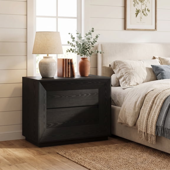 Fnova 35.43" Large Nightstand with 2 Drawers, Farmhouse Oak Geometric Side Table Storage Organizer Cabinet, Home Furniture for Bedroom Living Room