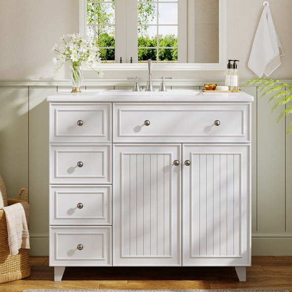Fnova 36'' Solid Wood Frame Bathroom Vanity with Ceramic Sink, Freestanding Bathroom Cabinet with 3 Drawers & 2 Doors, Adjustable Shelf, White
