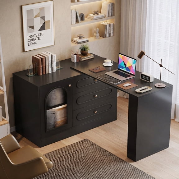 Fnova 360° Reversible L-Shaped Computer Desk, Corner Desk with 3 Drawers Cabinet, Writing Table Workstation with Adjustable Shelves, Black