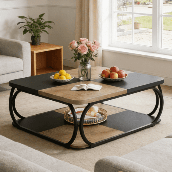 Fnova 39.2" Square Coffee Table, Industrial Modern Style with Wood Colorblock Design, Decorative Center Table for Living Room, Bedroom & Apartment, Easy to Assemble