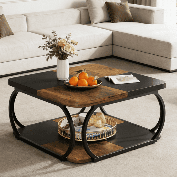 Fnova 39.2" Square Coffee Table, Industrial Modern Style with Wood Colorblock Design, Decorative Center Table for Living Room, Bedroom & Apartment, Easy to Assemble