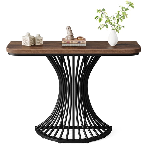 Fnova 39.37" Hourglass Curved Metal Console Table, 1.18" Thick Wood Veneer Top Sofa Table, for Entryway Hallway Living Room Foyer Decor