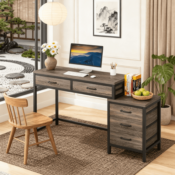 Fnova 39.37" Industrial 5-Drawer Desk, Modern Computer Desk for Living Room/Study/Home Office, Easy Assembly