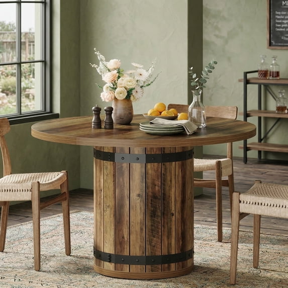 Fnova 39.37" Round Dining Table for 4 Person, Farmhouse Kitchen Table with Fence Pedestal Base for Kitchen, Dining Room, Living Room, Rustic Brown (Chairs Not Included)