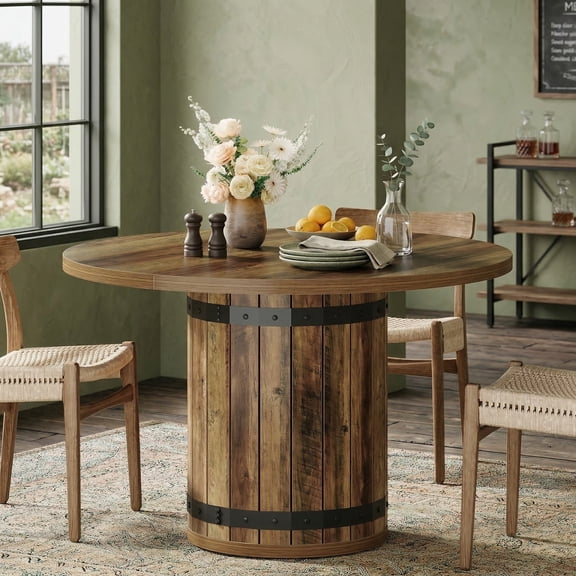 Fnova 39.37" Round Dining Table for 4 Person, Farmhouse Kitchen Table with Fence Pedestal Base for Kitchen, Dining Room, Living Room, Rustic Brown (Chairs Not Included)