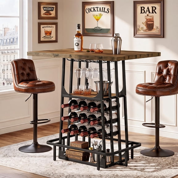 Fnova 39.4" H Bar Table with Storage, 3-Tier Counter Height Pub Table with Wine Storage & Glass Holder, Black & Brown