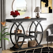 Fnova 39.4" Industrial Console Table, 4-Tier Retro Staggered Storage Shelves, Narrow Wood Accent Table with Metal Frame,