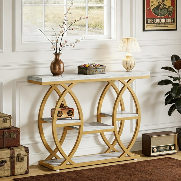 Fnova 39.4" Industrial Console Table, 4-Tier Retro Staggered Storage Shelves, Narrow Wood Accent Table with Metal Frame, for Small Spaces, Entryway, Sofa, Hallway