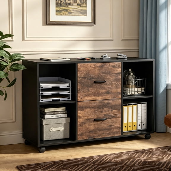 Fnova 39.4" Mobile File Cabinet with 2 Drawers & Open Storage Cubes, Rolling Filing Cabinet with Lockable Wheels, Lateral File Organizer, Home Office Storage Furniture