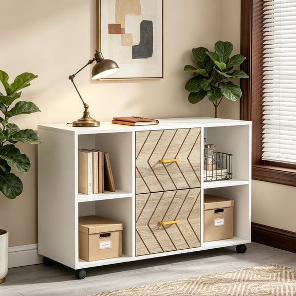 Fnova 39.4" Mobile File Cabinet with 2 Drawers & Open Storage Cubes, Rolling Filing Cabinet with Lockable Wheels, Lateral File Organizer, Home Office Storage Furniture