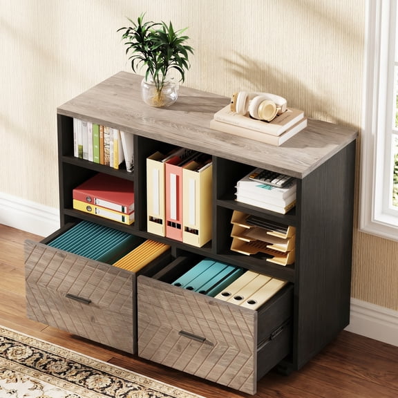Fnova 39.4" Mobile Lateral Filing Cabinet with 2 Drawers for Hanging Letter Size Files, Printer Stand with Open Storage Shelves for Home Office, Black+Grey