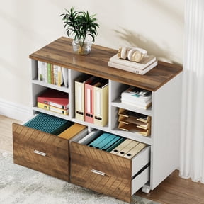 Fnova 39.4" Mobile Lateral Filing Cabinet with 2 Drawers for Hanging Letter Size Files, Printer Stand with Open Storage Shelves for Home Office, White+Brown