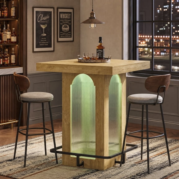 Fnova 39.4" Square Bar Table with Metal Footrest, High Top Pub Table with Led Lights for Home Bar, Dining Room, Brown