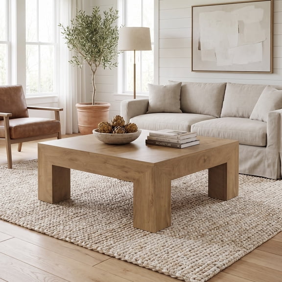 Fnova 39.4" Square Coffee Table, Farmhouse Wood Accent Center Cocktail Table with Sturdy Wooden Legs for Living Room, Easy Assembly