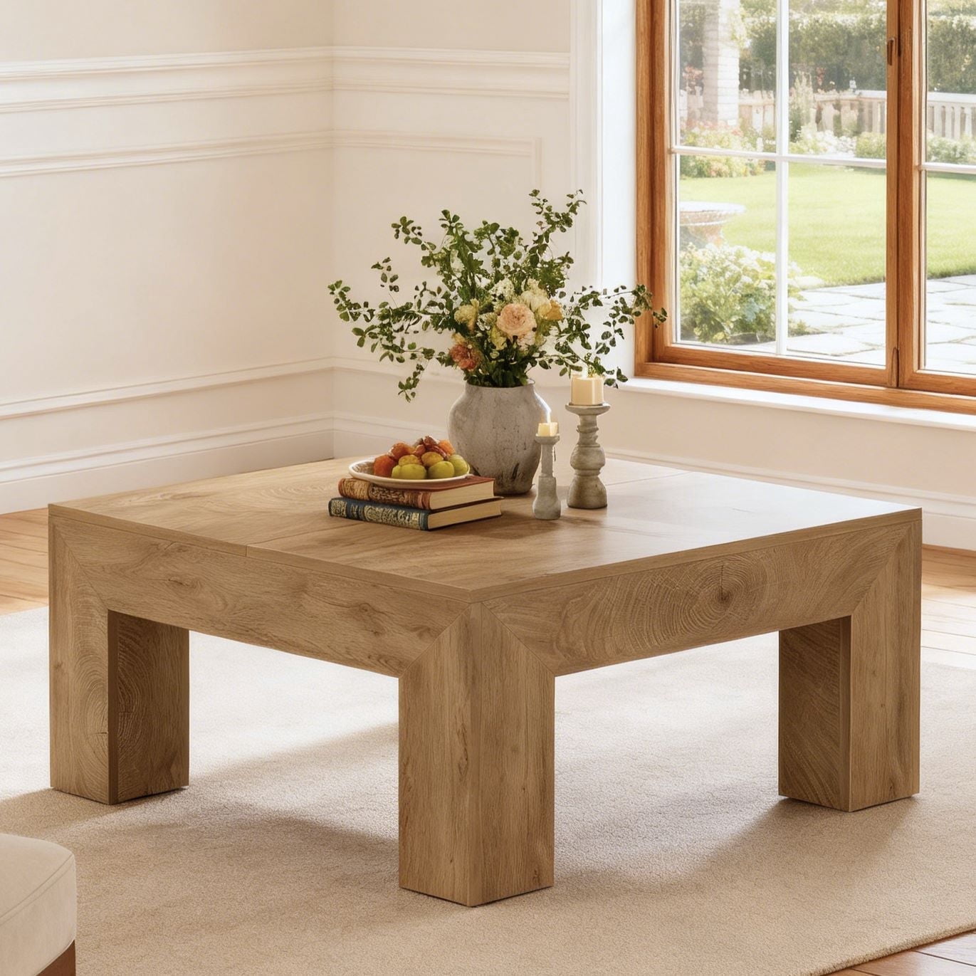 Fnova 39.4" Square Coffee Table, Farmhouse Wood Accent Center Cocktail Table with Sturdy Wooden Legs for Living Room, Easy Assembly