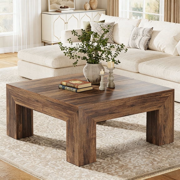Fnova 39.4" Square Coffee Table, Farmhouse Wood Accent Center Cocktail Table with Sturdy Wooden Legs for Living Room, Easy Assembly