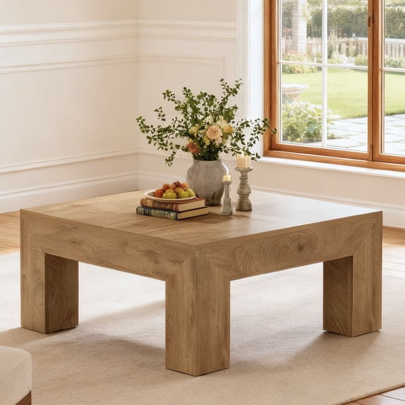 Fnova 39.4" Square Coffee Table, Farmhouse Wood Accent Center Cocktail Table with Sturdy Wooden Legs for Living Room, Easy Assembly