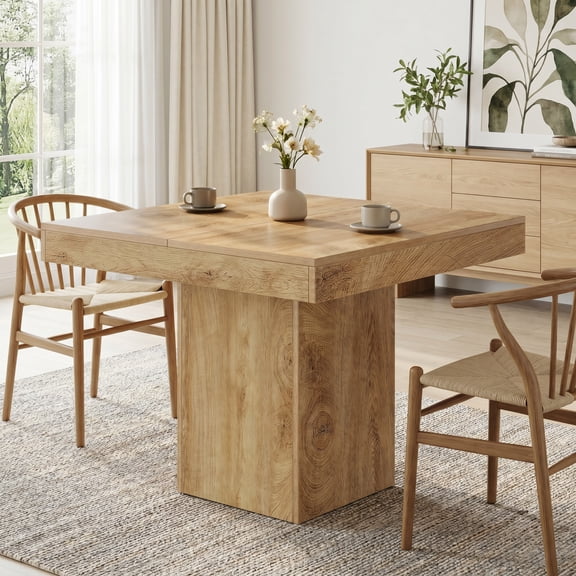 Fnova 39" Small Square Dining Table for 4, Farmhouse Kitchen Table with Sturdy Pedestal Base for Dining Room, Kitchen, Apartments, Light Brown