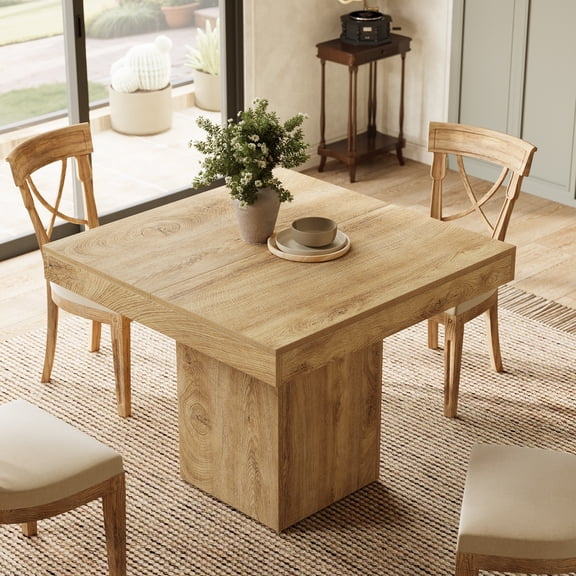 Fnova 39" Small Square Dining Table for 4, Wooden Kitchen Coffee Table with Sturdy Pedestal Base for Dining Room, Kitchen, Apartments, Light Brown