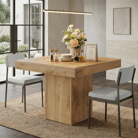 Fnova 39" Small Square Dining Table for 4, Wooden Kitchen Dinner Eating Table with Sturdy Pedestal Base for Dining Room, Kitchen, Apartments, Light Brown