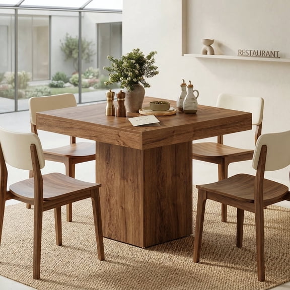 Fnova 39" Small Square Dining Table for 4, Wooden Kitchen Dinner Eating Table with Sturdy Pedestal Base for Dining Room, Kitchen, Apartments, Rustic Brown