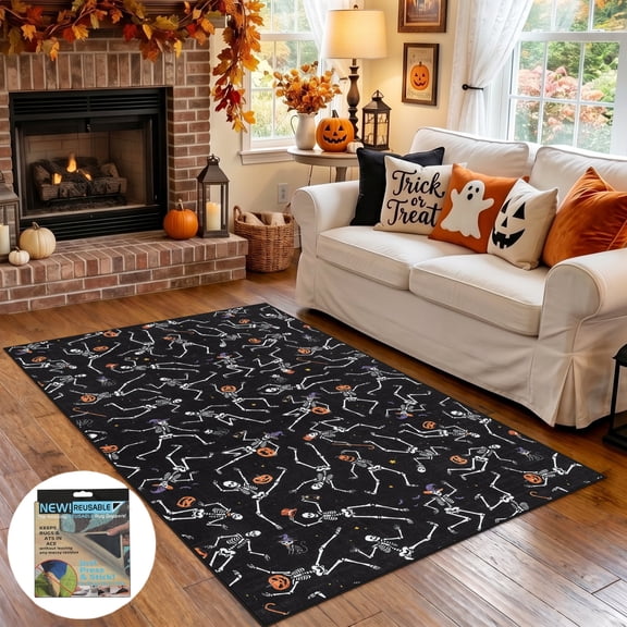Fnova 3x5 Halloween Washable Rugs, Ultra Thin Skeleton Carpet Runners with Rubber Backing, Oeko-Tex Certified, Black
