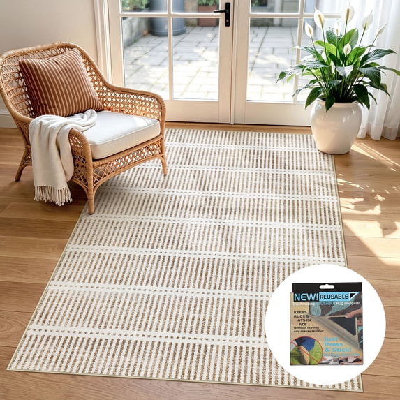 Fnova 3x5 Modern Washable Area Rug, Farmhose Non-Slip Striped Indoor/Outdoor Carpet, Oeko-Tex Certified, Brown