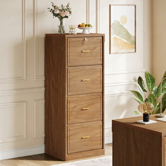 Fnova 4-Drawer File Cabinet, Tall Filing Cabinet with Lock and Key, Heavy Duty Wooden Vertical Office Storage Organizer for Legal Size/Letter/A4/Files, Home Office, Brown