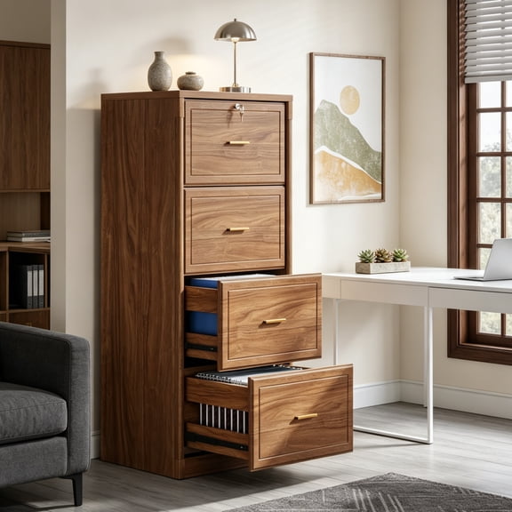Fnova 4-Drawer File Cabinet, Tall Filing Cabinet with Lock and Key, Heavy Duty Wooden Vertical Office Storage Organizer for Legal Size/Letter/A4/Files, Home Office, Brown