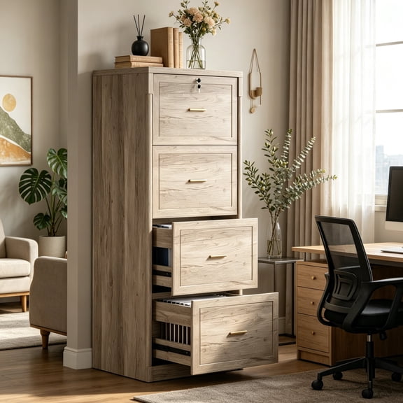 Fnova 4-Drawer File Cabinet, Tall Filing Cabinet with Lock and Key, Heavy Duty Wooden Vertical Office Storage Organizer for Legal Size/Letter/A4/Files, Home Office, Gray