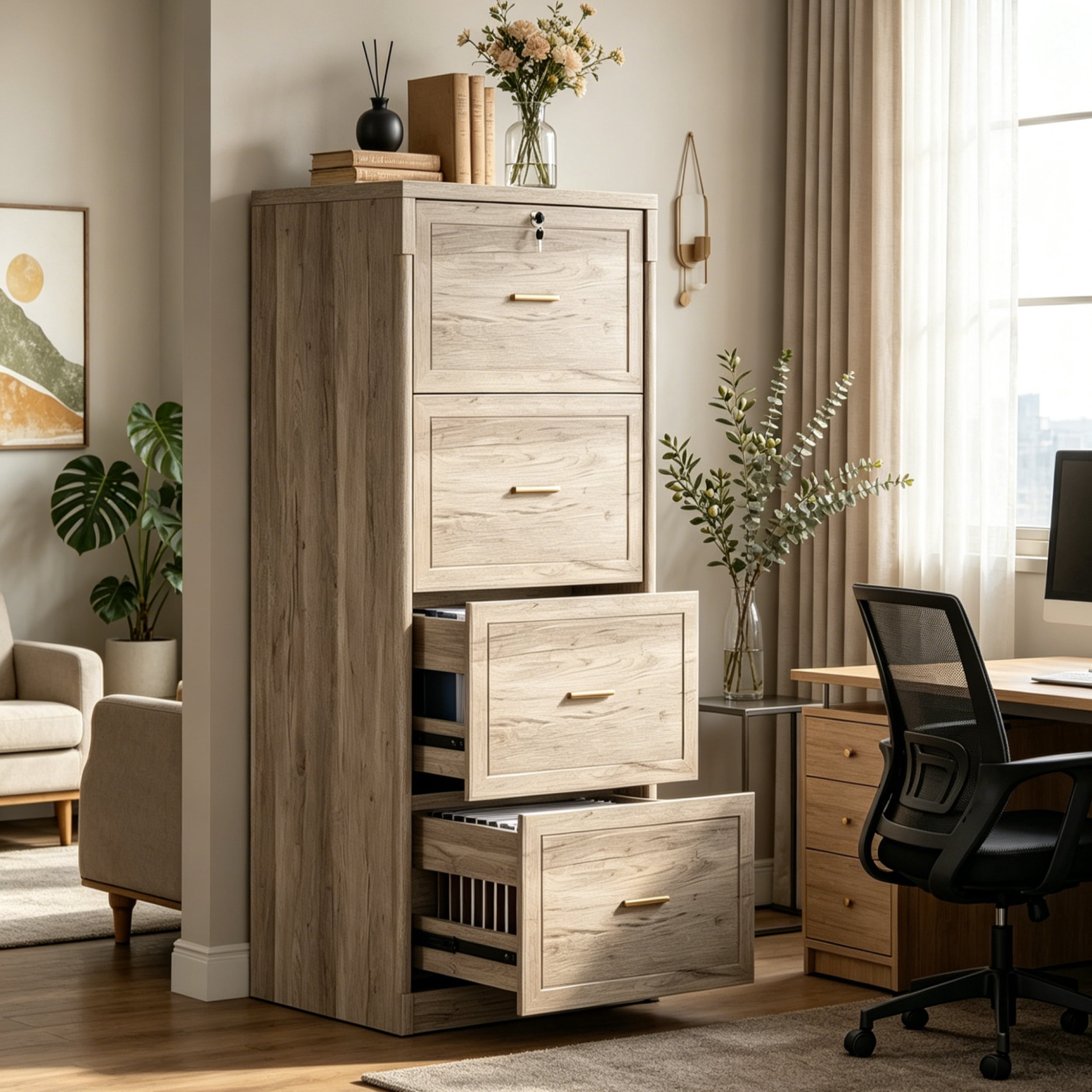 Fnova 4-Drawer File Cabinet, Tall Filing Cabinet with Lock and Key, Heavy Duty Wooden Vertical Office Storage Organizer for Legal Size/Letter/A4/Files, Home Office, Gray