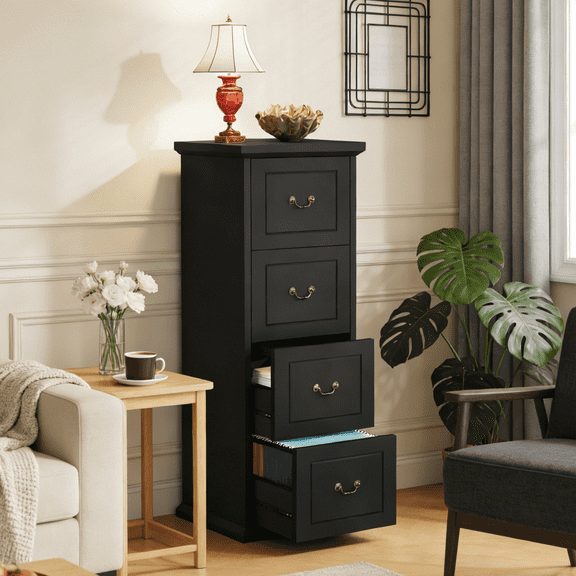 Fnova 4-Drawer File Cabinet, Tall Wood Filing Cabinet for A4/Letter Size, Large Office Drawer Chest, Rustic Storage Organizer Unit for Home Office, Black