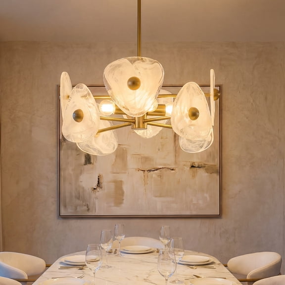Fnova 4-Light Artisanal Cloud Glass Chandelier, Modern Kitchen Light Fixture, Adjustable Height, E26 Base, Gold