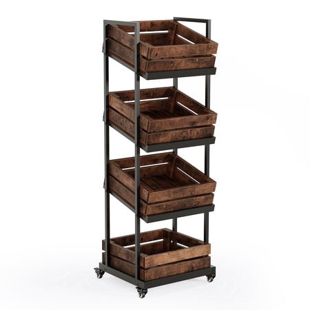 Fnova 4-Tier Rolling Storage Cart with Tilt & Horizontal Shelves, 59.06" Tall Mobile Organizer with Lockable Wheels for Kitchen Entryway