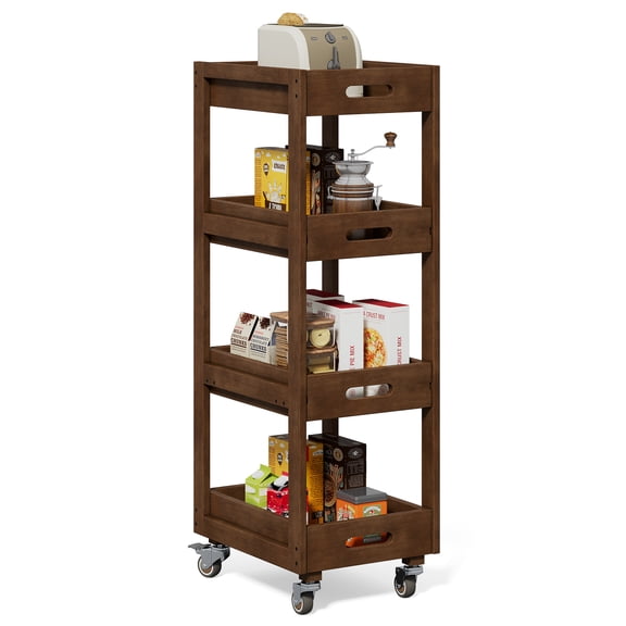 Fnova 4-Tier Solid Wood Rolling Storage Cart with Pull-Out Drawers, 40" Tall Mobile Organizer with Lockable Wheels for Kitchen Laundry
