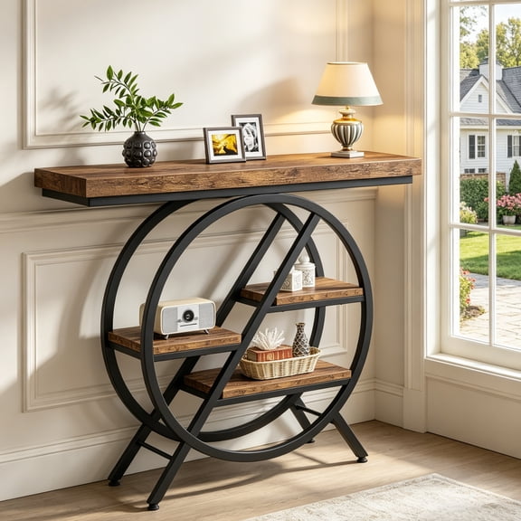 Fnova 40" Industrial Console Table, 4-Tier Entryway Table with Geometric Metal Frame, Rustic Narrow Sofa Table for Living Room, Hallway