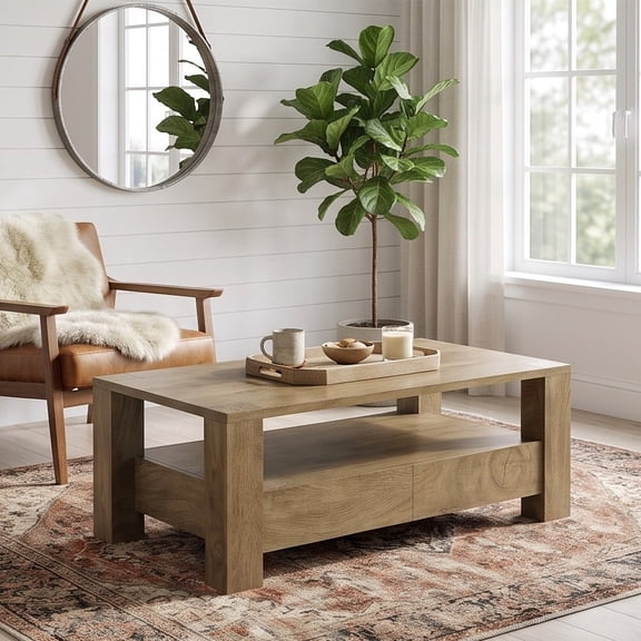 Fnova 41.3‑Inch Rectangular Storage Coffee Table, 2 Pull‑Out Drawers & Open Shelf, Farmhouse Accent Table for Living Room, Apartment, Lounge