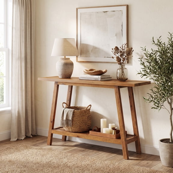 Fnova 41.3 Inch Solid Wood Console Table, 2-Tier Farmhouse Sofa Table with Storage Shelf, Narrow Behind Couch Accent Table for Living Room, Entryway, Hallway
